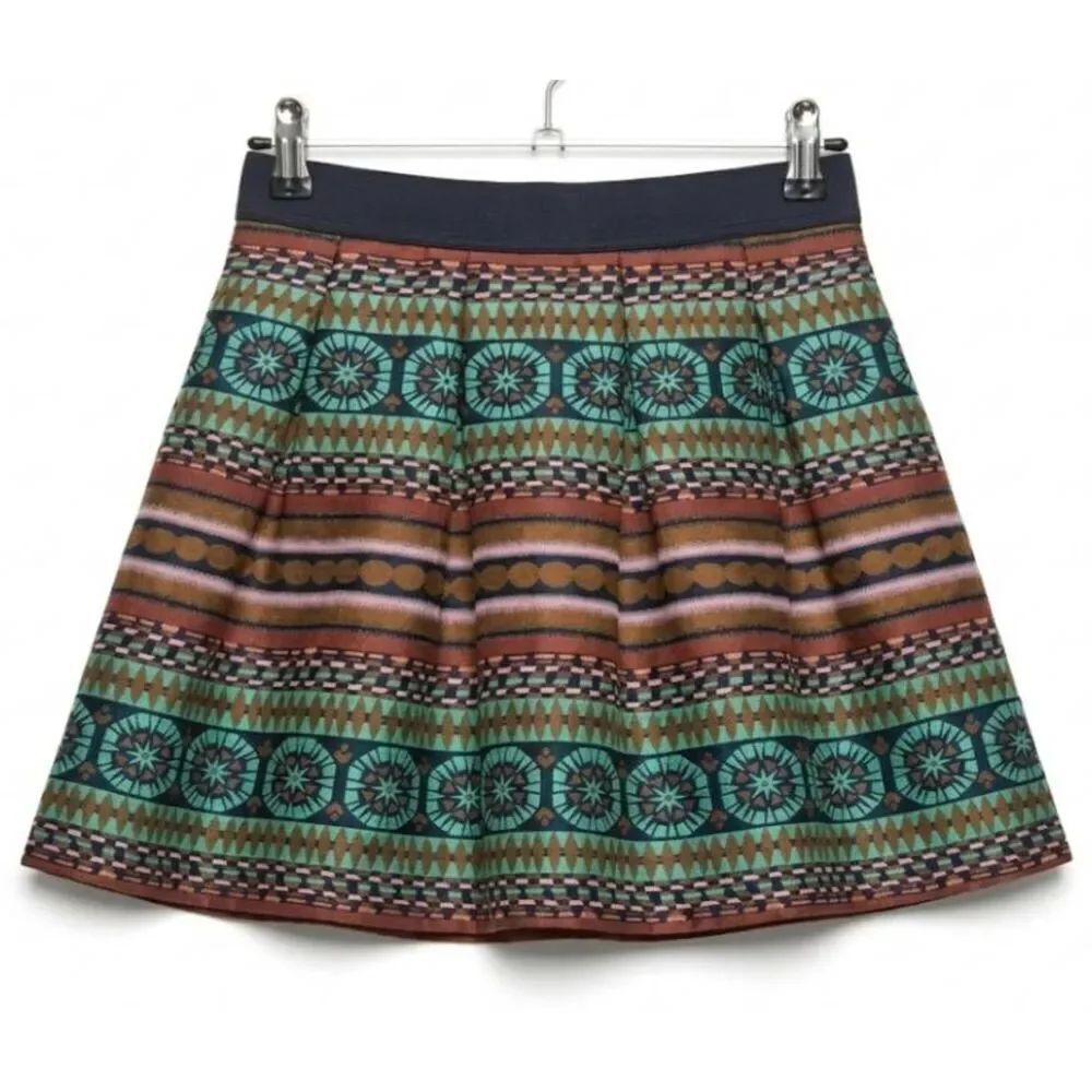 Nomad womens small mini skirt full flare blue Earthtone brown Batik
